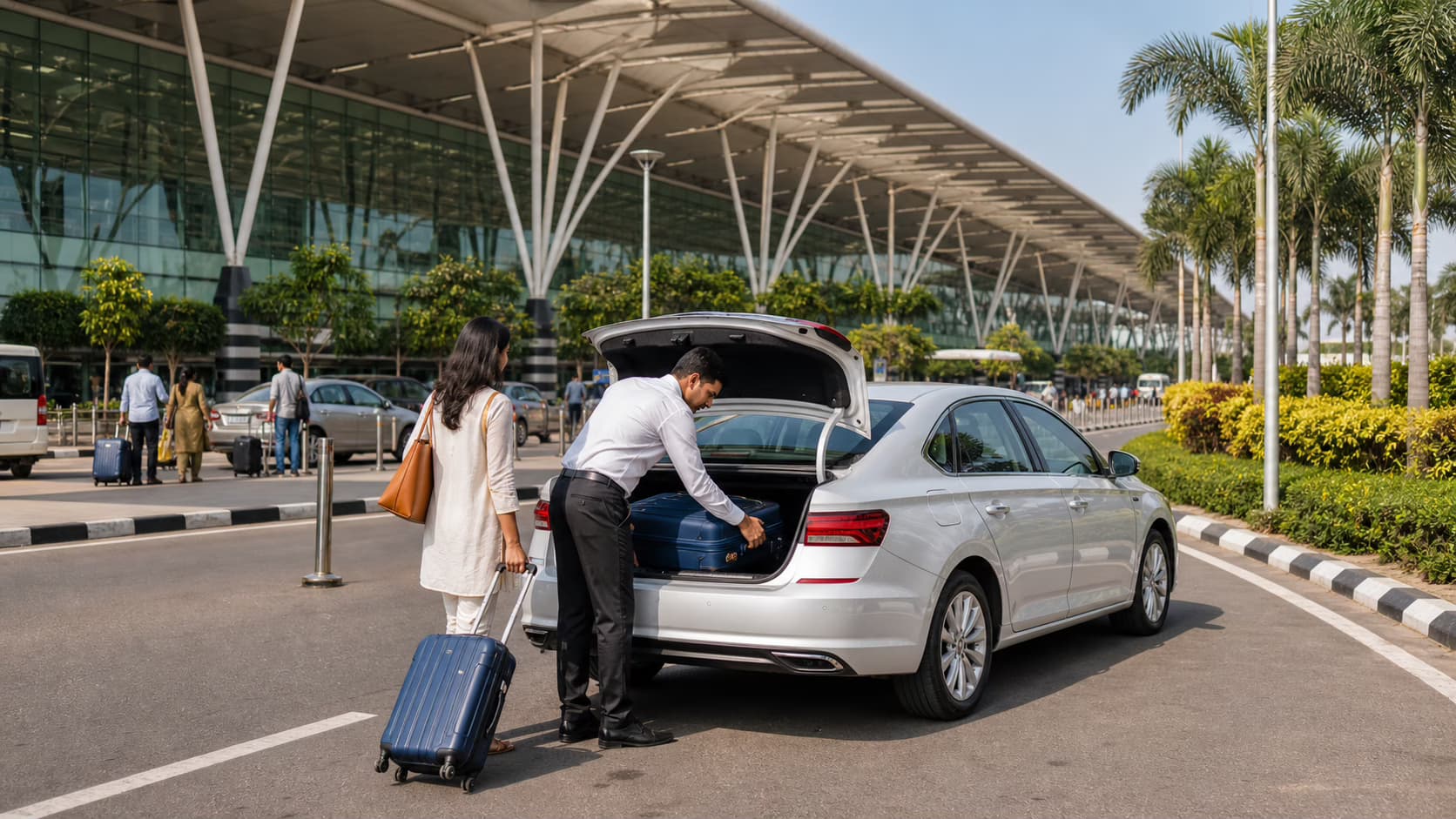 Chauffeur helping a traveller with luggage outside an Indian airport