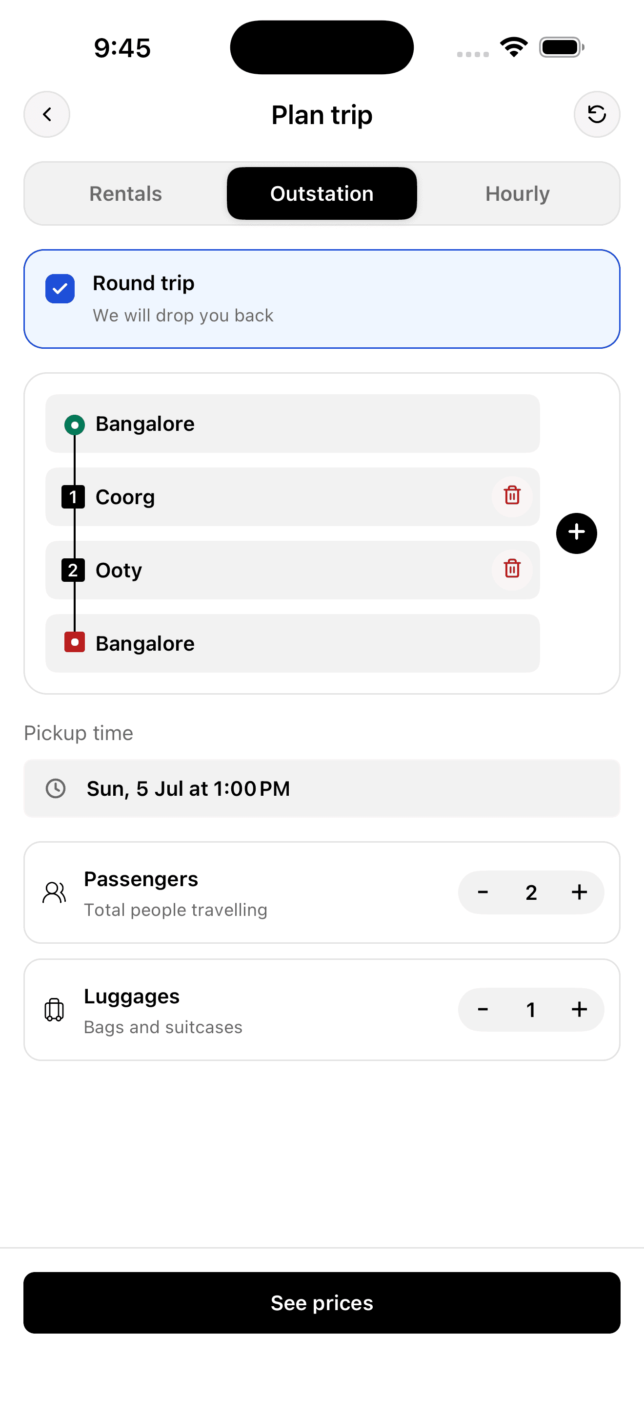 Tripix round-trip planner showing pickup, stops, and return