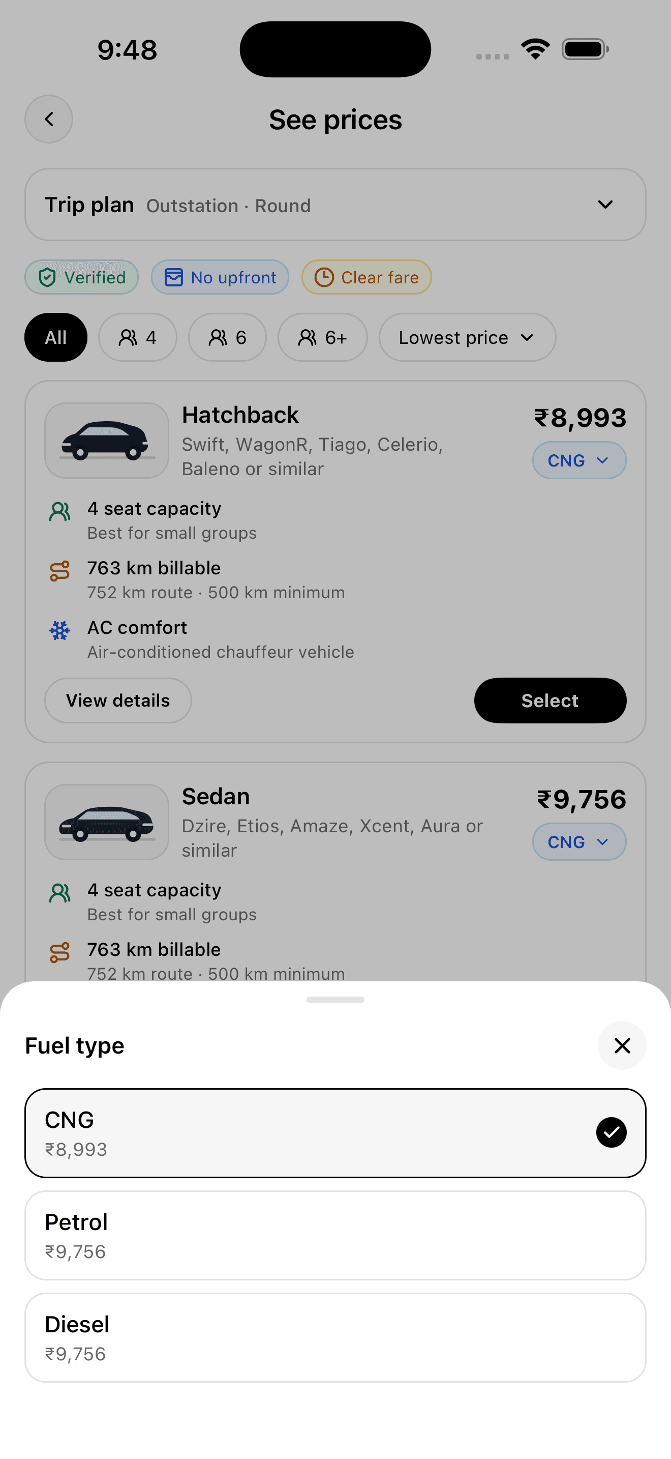 Tripix fare sheet displaying fuel and trip estimate details