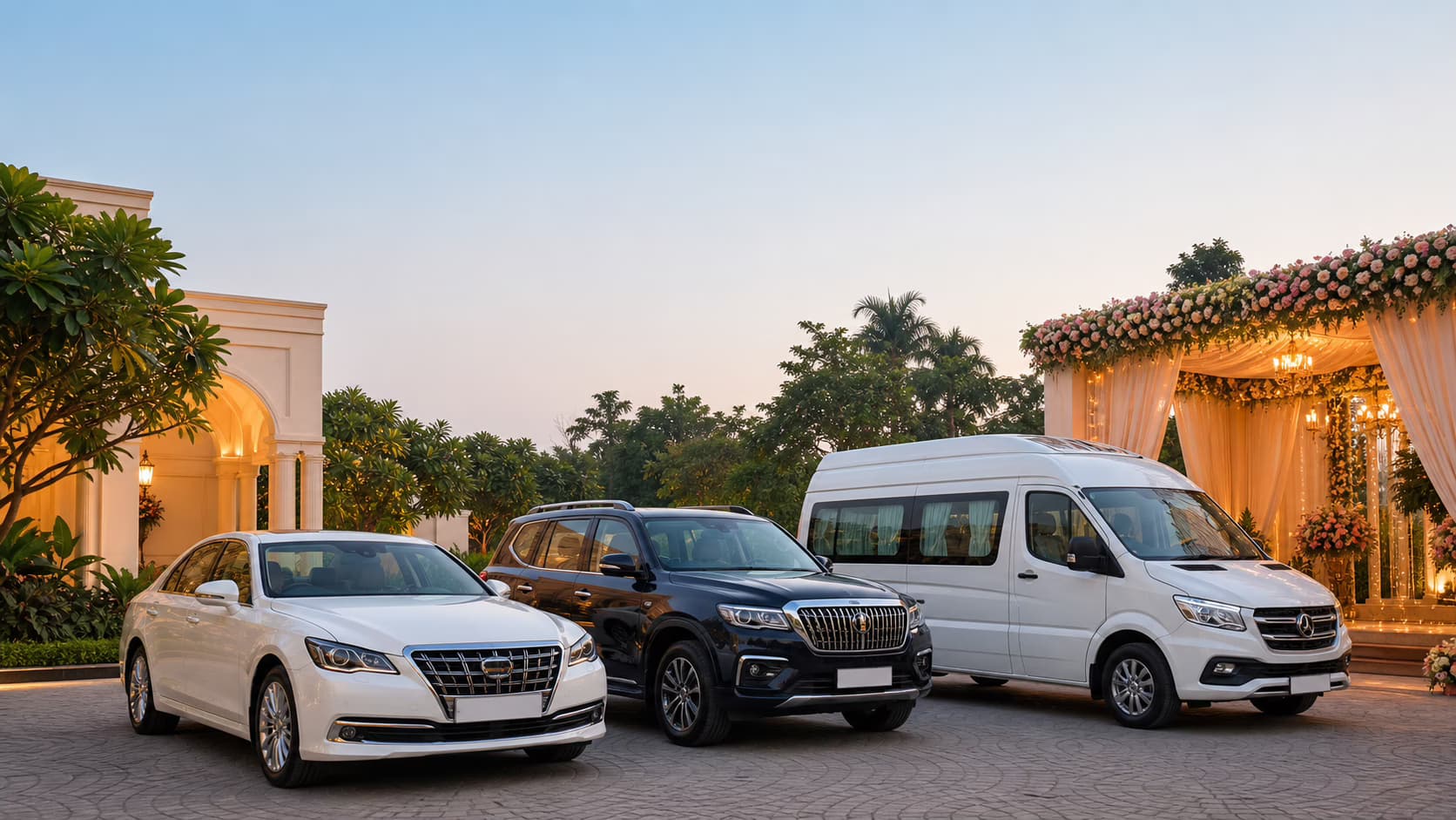 Sedan, SUV, and tempo traveller arranged outside an Indian wedding venue